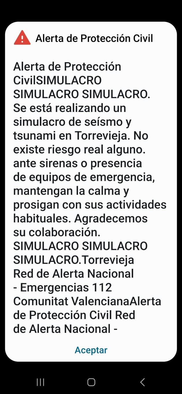 Figura 2. Missatge de ES-ALERT rebut per la població informant del simulacre. 